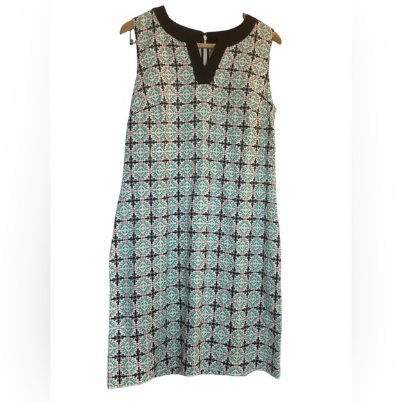 Talbots Aqua Blue White Print Linen Blend Sheath Dress Pockets Size 12 Coastal - Picture 1 of 9